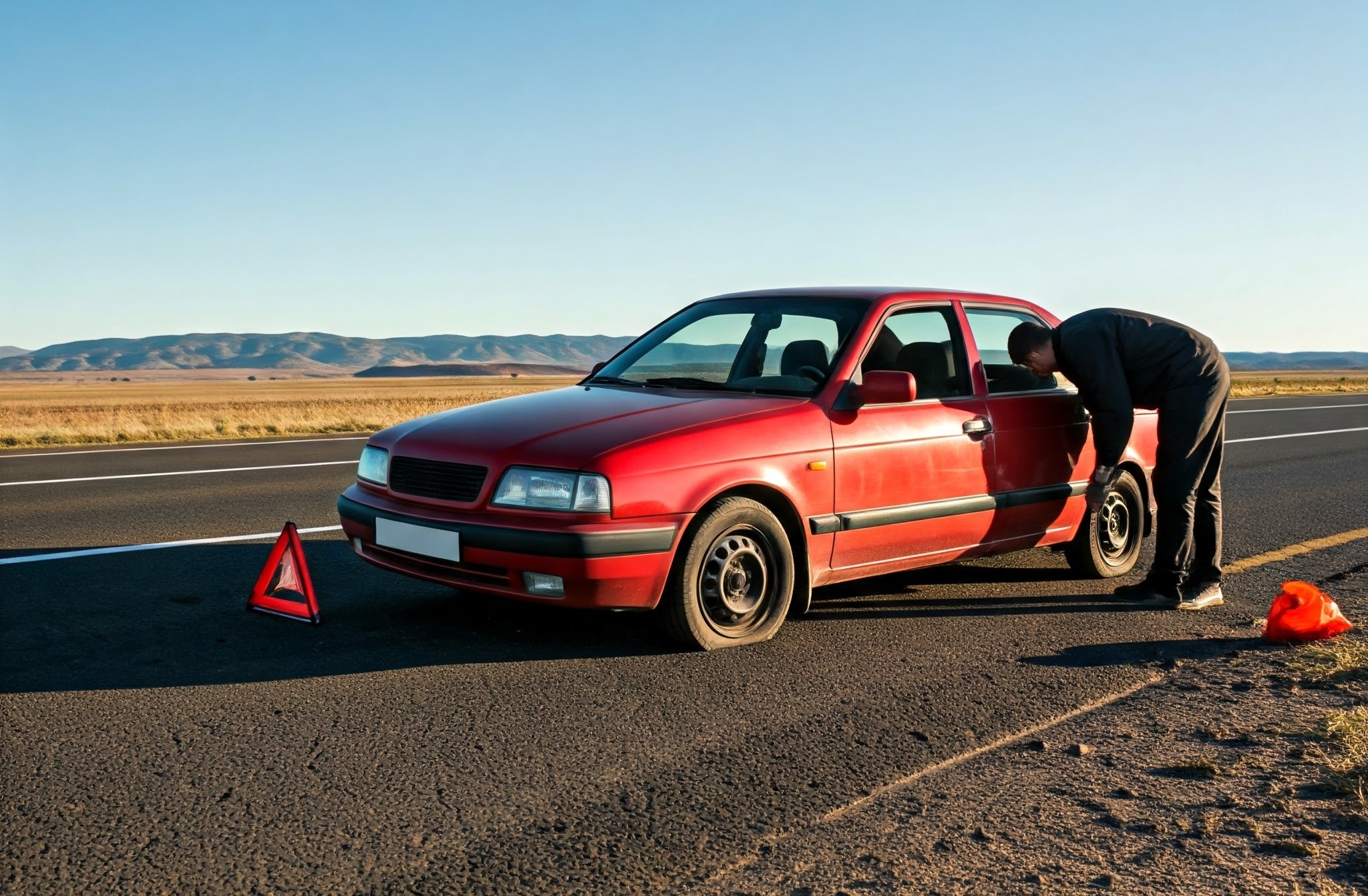 A car is punctured on a deserted road during the day and a man is changing a tire by placing a warning triangle on the road.